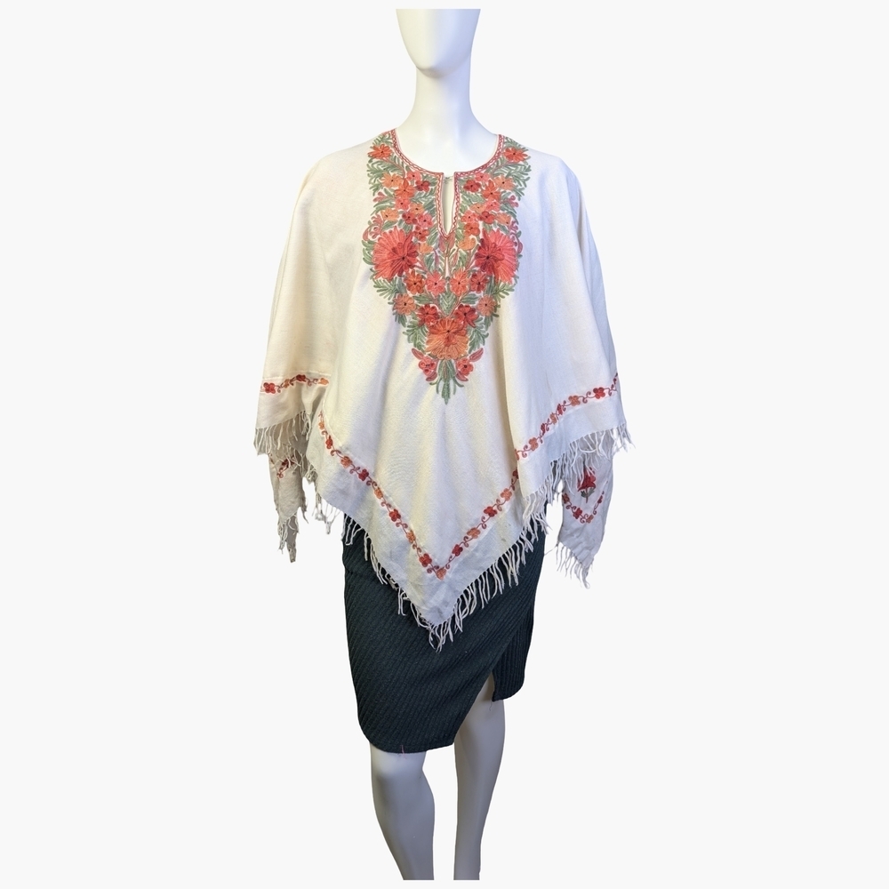 Floral Embroidered Fringe Poncho | One Size Fits Most